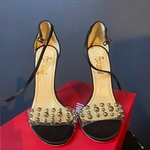 JEROME ROUSSEAU Leroy Black Embellished Studded Silk Shoes Heels size 36 $695